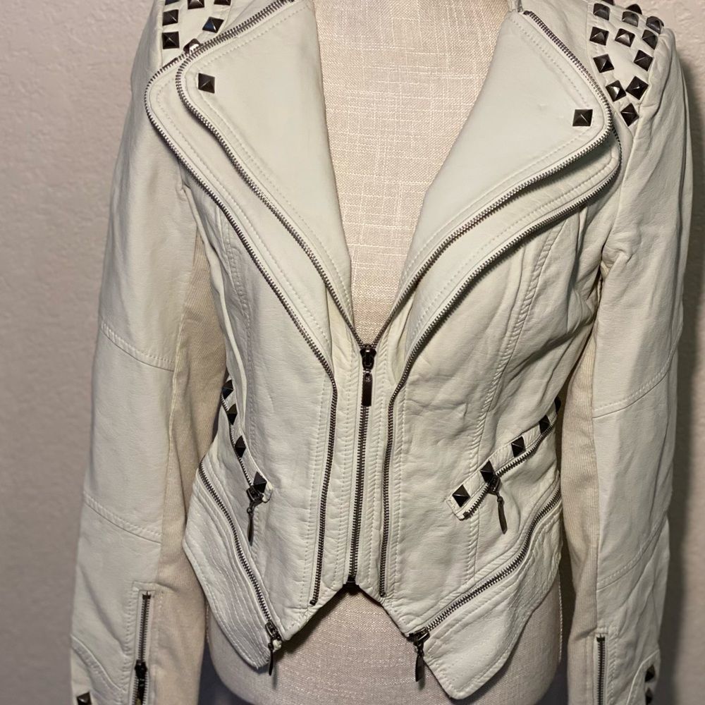 Cream Faux Leather Studded Jacket